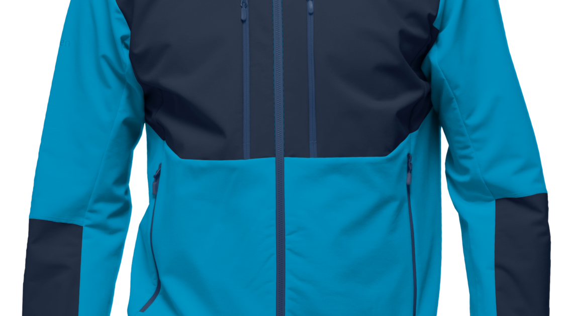 Men's Norrøna Falketind Gore-Tex Insulated Jacket in blue and navy. © Norrøna